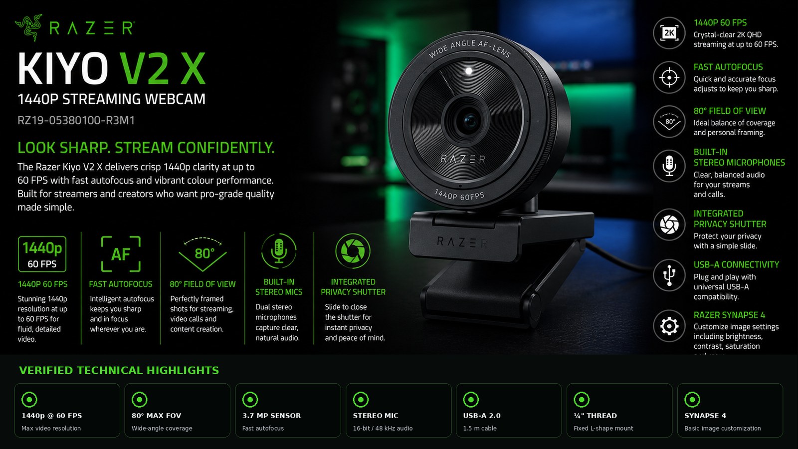 Razer Kiyo V2 X 1440p 60FPS Streaming Webcam, Autofocus, 80° FOV, Stereo Microphone, Privacy Shutter, USB-A, Black | RZ19-05380100-R3M1